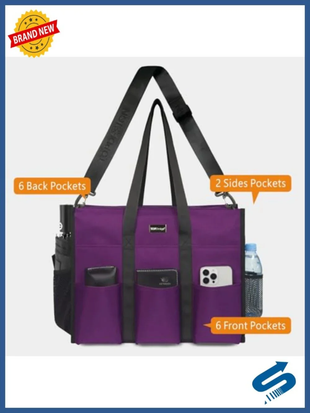 Utility Water Resistant Tote Bag with 22 Pockets, Top Zipper, Thick Bottom,